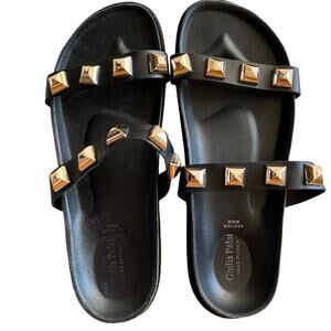 Giulia Palai black slip on sandals with studs, leather sock, made Italy, 8-8.5